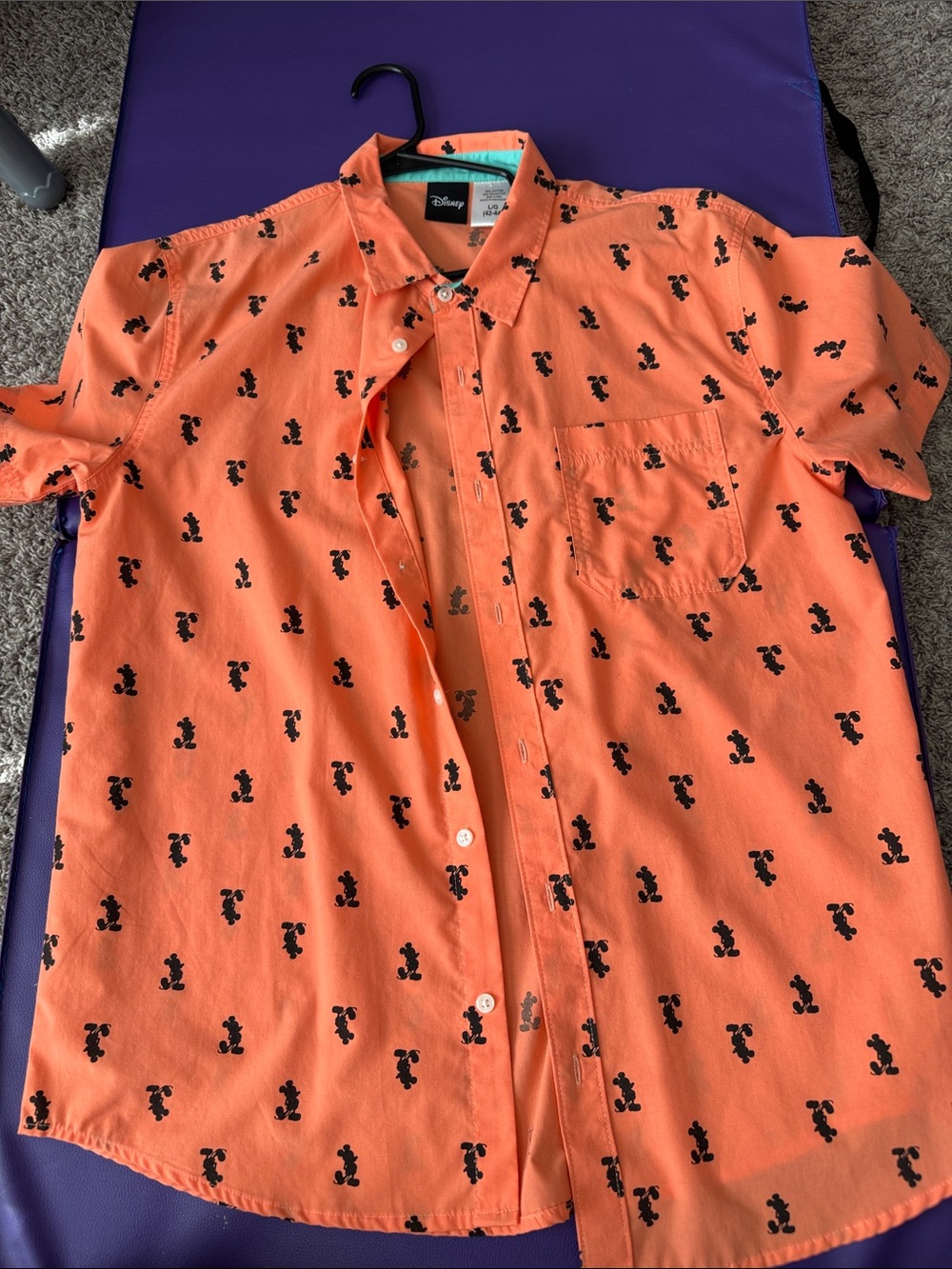 Disney Men’s Orange Short Sleeve Button-Down with Black Mickey Print